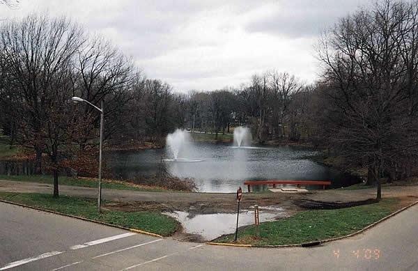 2009
This is a view of the lake and the two new water fountains in the middle of the lake.  Late last summer over 300 or so fish died in this part of the lake because of lack of oxygenation.  The County put in these two water fountains in order to keep this part of the lake aerated.  This view is a few from the bridge on Bloomfield Ave. 
Photo from Jule Spohn
