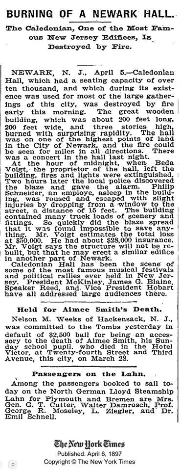 Burning of a Newark Hall
The New York Times
April 6, 1897
