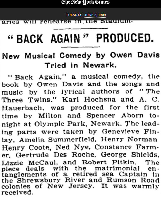 "Back Again" Produced
June 8, 1909
