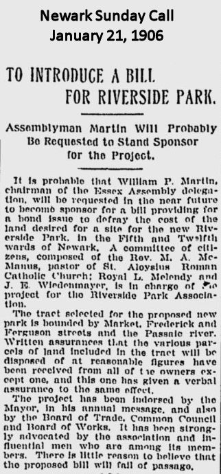 To Introduce a Bill for Riverside Park
January 21, 1906
