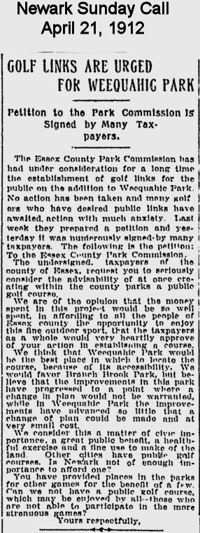 Golf Links are Urged for Weequahic Park
1912
