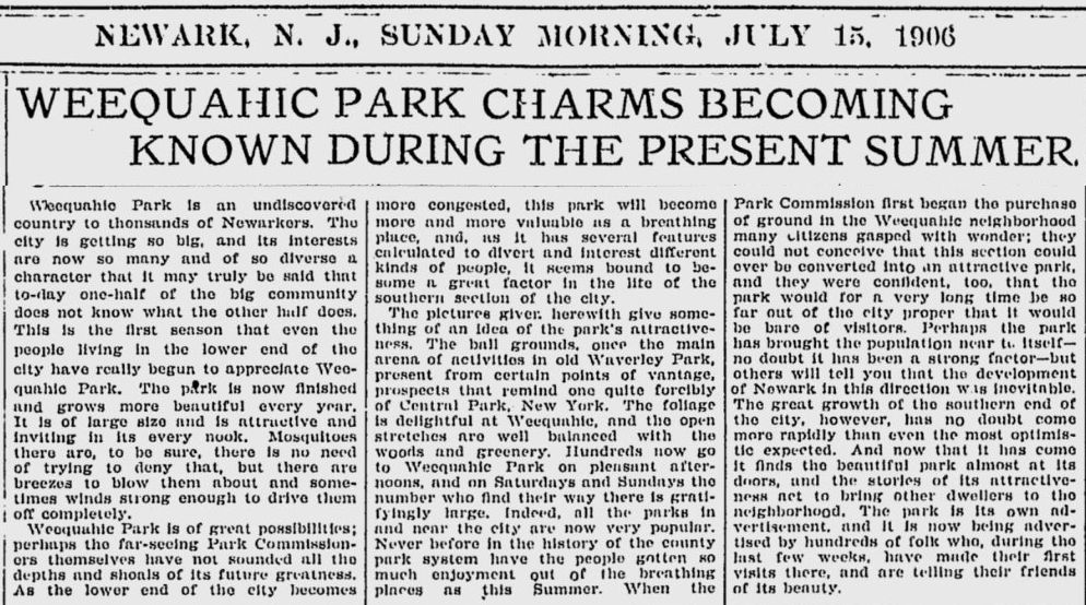 Weequahic Park Charms Becoming Known During the Present Summer
July 15, 1906
